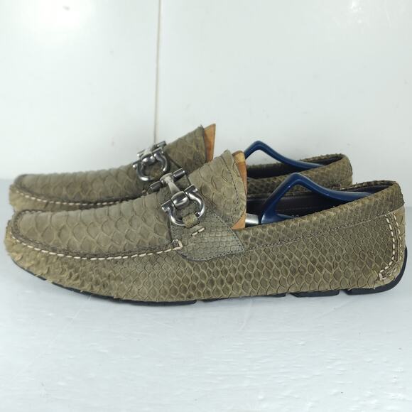 SALVATORE FERRAGAMO Men's US 10EE Genuine Python leather Olive Driving Loafers - Picture 2 of 16